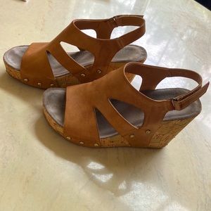 Tan wedges, cork bottom, Velcro strap around ankle